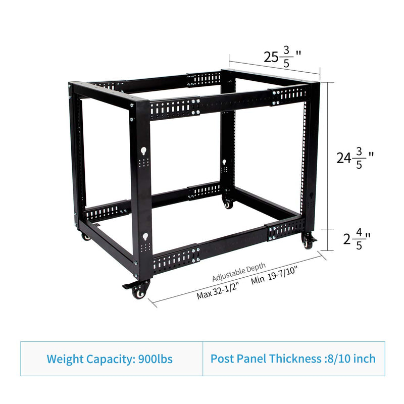 12U Network Rack Open Frame Server Rack Shelf Adjustable Depth with Casters