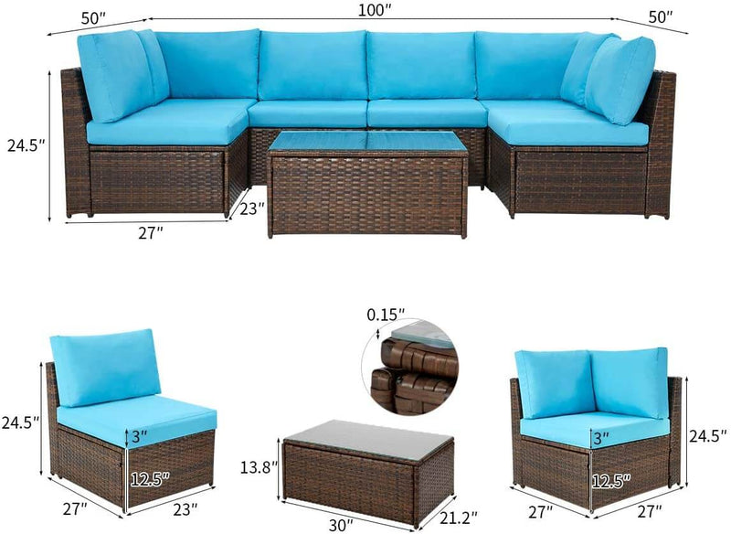 7 Pcs Patio Furniture Set, Wicker Rattan Conversation Sets, Outdoor Small Sectional Sofa Set, Blue Cushion