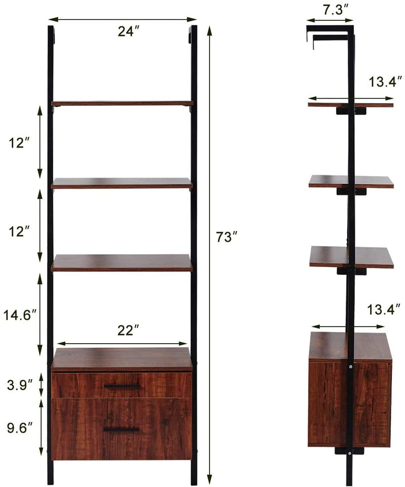 Wall Mounted Industrial 3-Tier Bookshelf with 2 Wood Drawers & Matte Steel Frame Ladder Shelf Bookcase, Black
