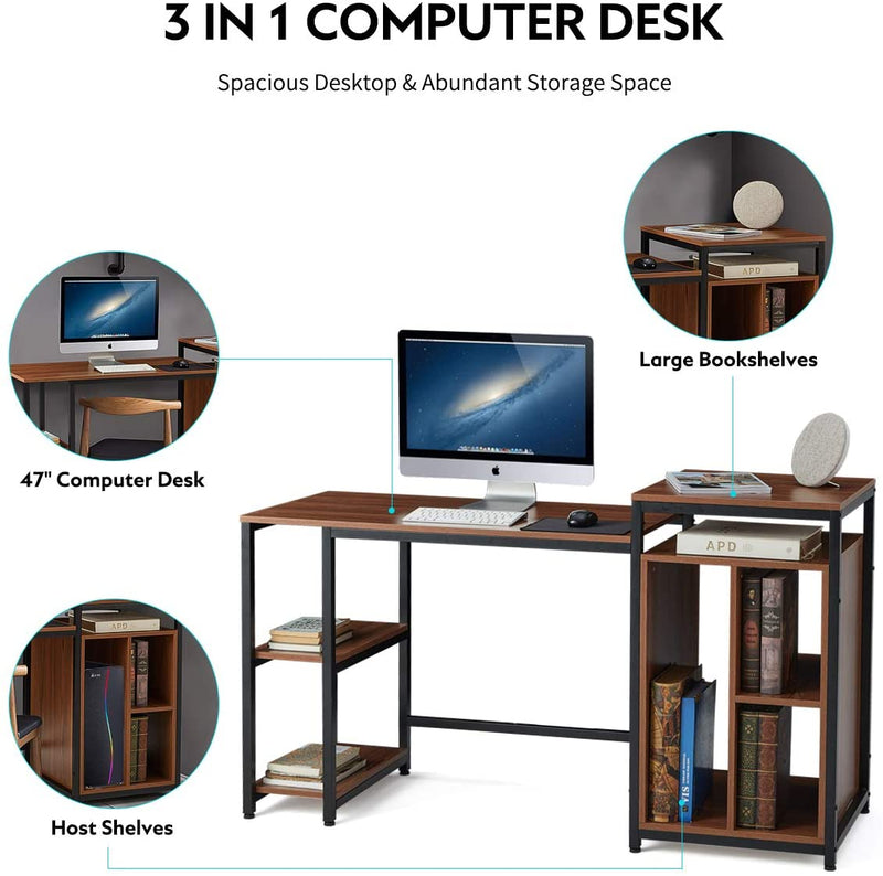Computer Desk with Storage Bookshelves 47 inch Writing Desk for Home Office Brown