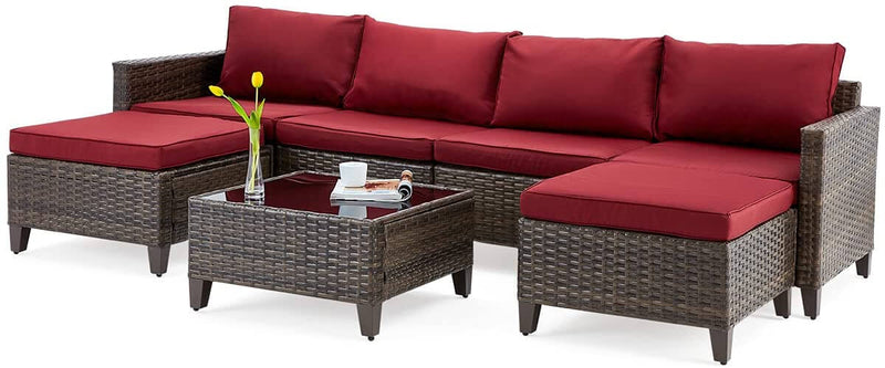 7 Pcs Outdoor Rattan Sectional Sofa Patio Furniture Set w/ Ottomans, Red Cushion & Tea Table