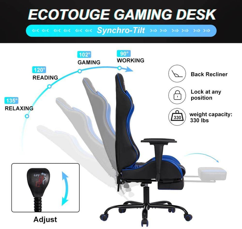 Gaming Chair Massage Ergonomic Office Chair High Back Computer Chair Racing PU Leather Recliner with Footrest, Black & Blue