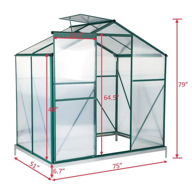 Walk-in Greenhouse 4'(L) x 6'(W) x 6.6'(H), UV Protection Aluminum Greenhouse, Plant Hot House with Adjustable Roof Vent & Rain Gutters