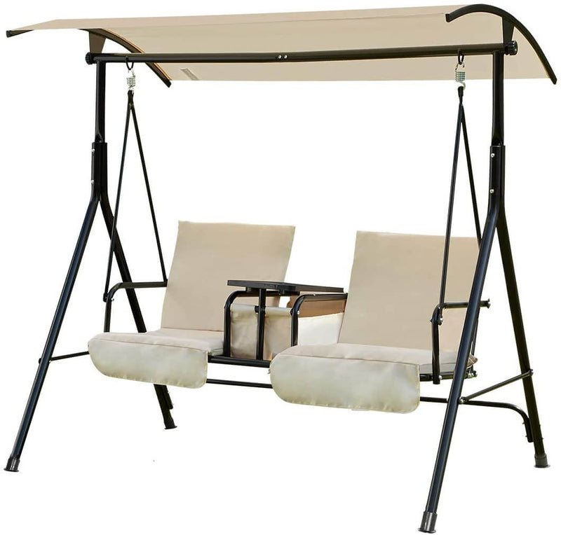 2 Person Patio Porch Swing Outdoor Swing Chair with Adjustable Tilt Canopy, Table and Storage Console, Beige