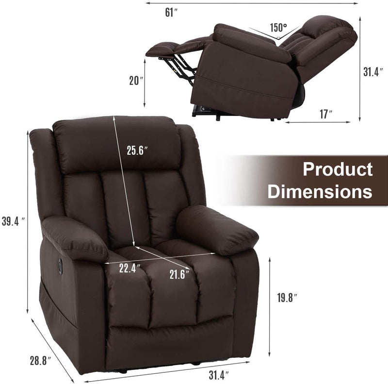 Power Lift Chair Electric Recliner Sofa for Elderly, Faux Leather Electric Recliner Chair with Heated Vibration Massage, Side Pocket and USB Port, Dark Brown