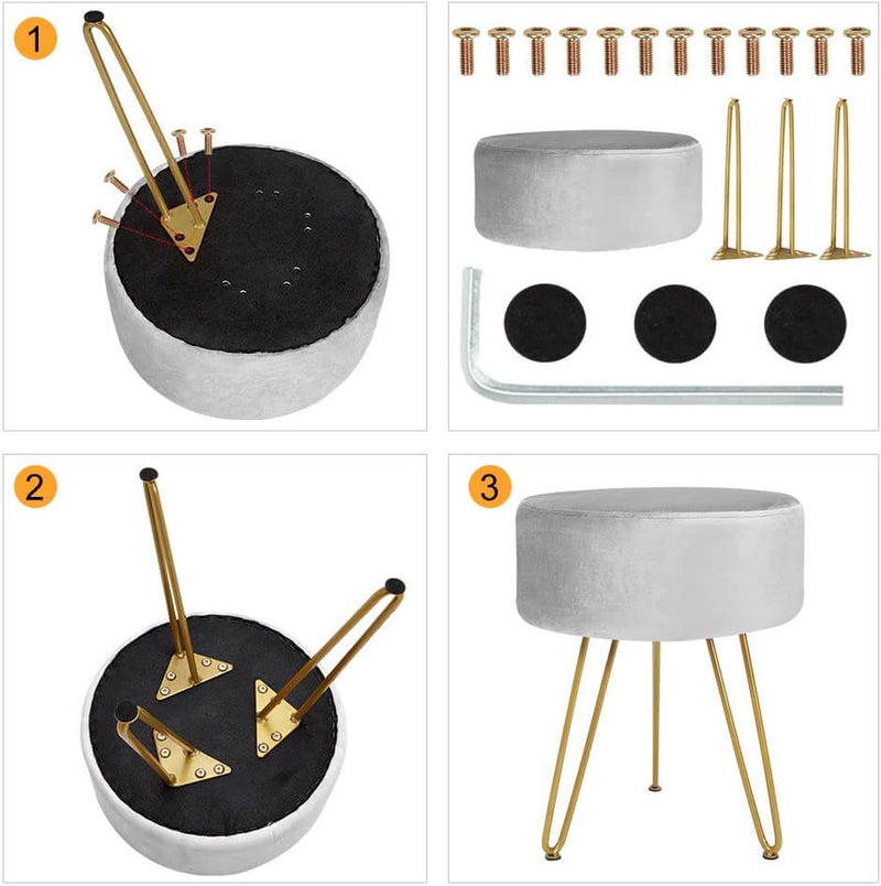 Velvet Footrest Ottoman Round Modern Upholstered Vanity Footstool Side Table Seat Dressing Chair with Golden Metal Leg, Gray