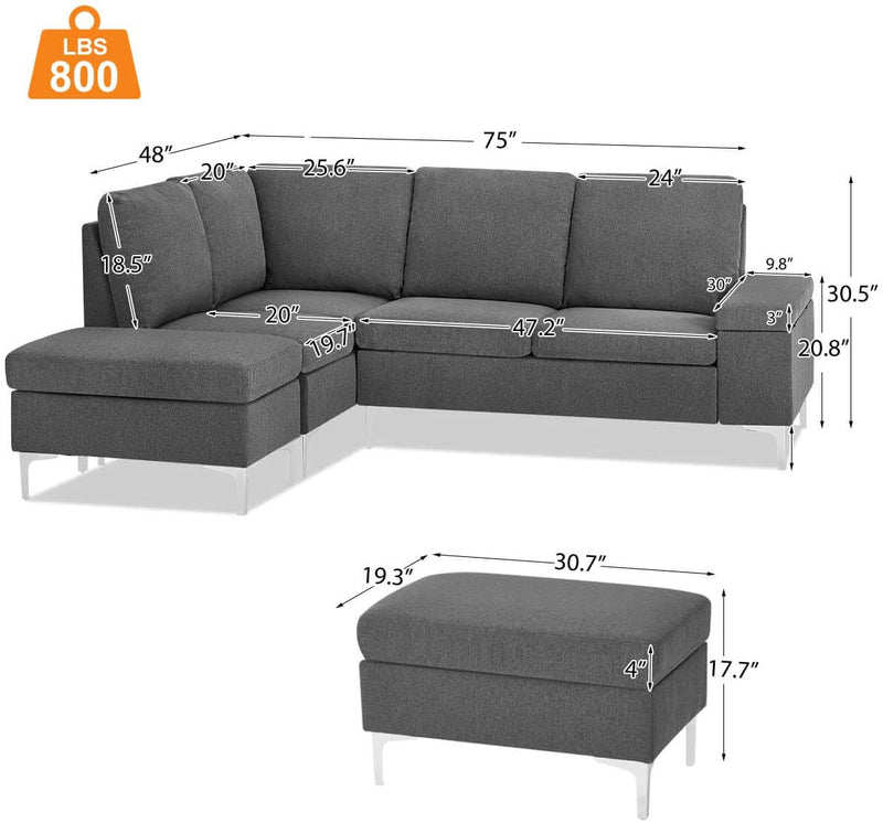 Convertible Sectional Sofa Couch with Ottoman, Sofa Armrest with Storage Function, L-Shaped Sofa with Gray Linen Fabric, for Living Room or Apartment (Left)