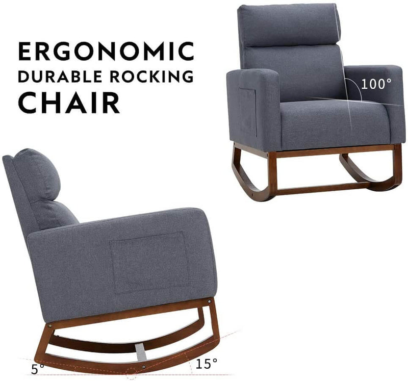 Rocking Chair, Living Room Rocker Lounge Chair Relax Chair with Fabric Padded Seat, Gray