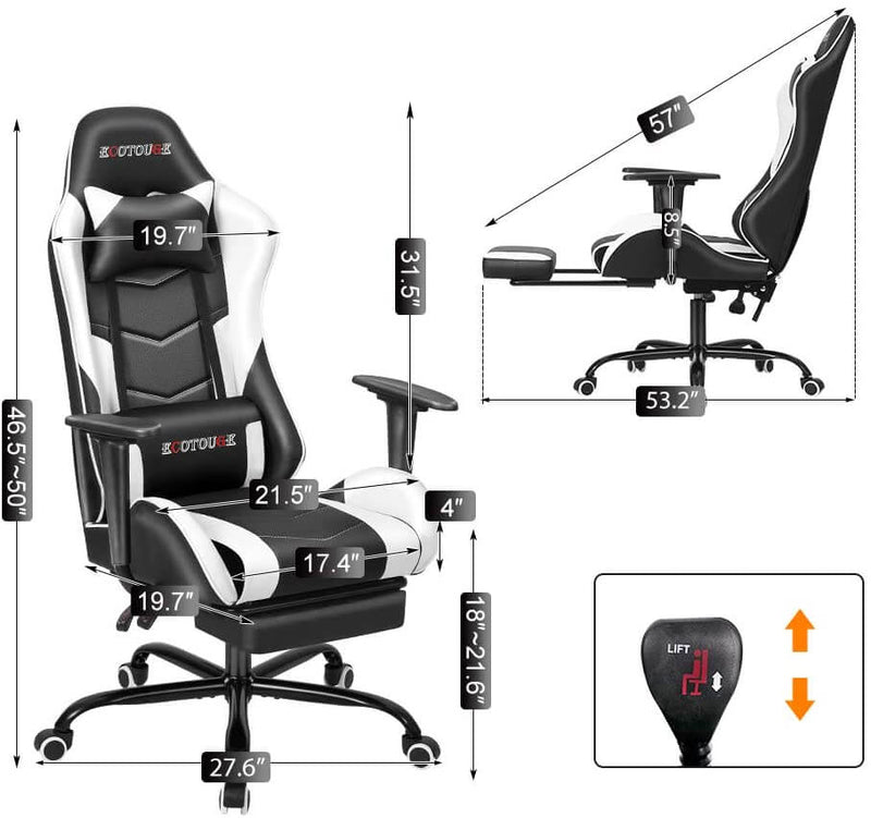 Gaming Chair Massage Ergonomic Office Chair High Back Computer Chair Racing PU Leather Recliner with Footrest, Black & White