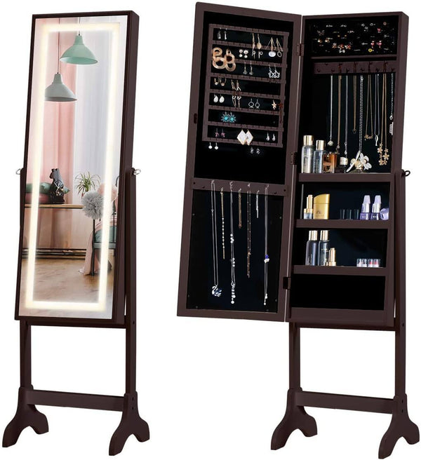 Floor Standing Jewelry Armoire, Angle Adjustable Jewelry Organizer, Dressing Mirror Jewelry Cabinet with Full Length Mirror, Brown
