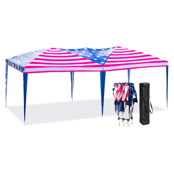 10×20ft Folding Pop Up Canopy Tent American Flag Print Portable Slant Leg Shelter with Carry Bag