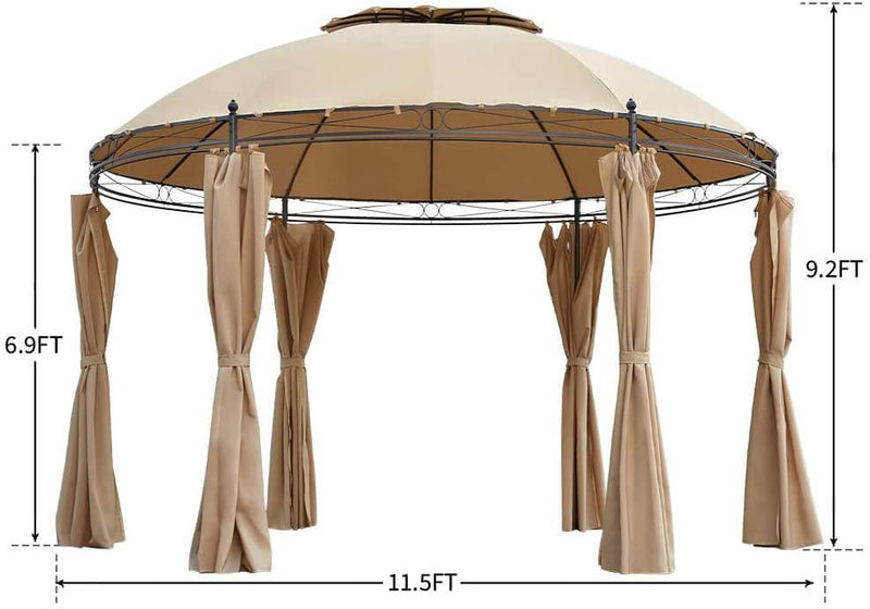 11.5ft Outdoor Patio Softtop Gazebo Steel Frame Round Gazebo Canopy Anti-UV Dome with Ground Stake & Removable Curtains, Beige