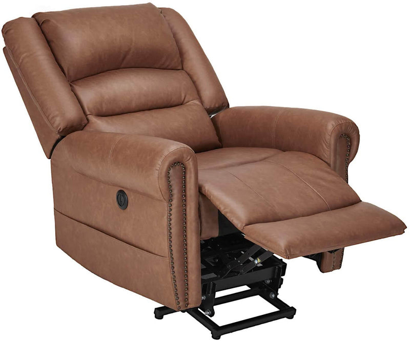 Power Lift Recliner Chair for Elderly, Faux Leather with Rivet Design Electric Recliner Chair with Heated Vibration Massage, Side Pockets & USB Port, Saddle Brown