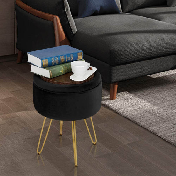 Velvet Footrest Storage Ottoman Round Modern Upholstered Vanity Footstool Side Table Seat Dressing Chair with Golden Metal Leg, Black