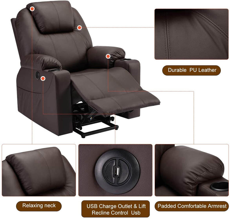 Electric Power Recliner Lift Chair Faux Leather Electric Recliner for Elderly, Heated Vibration Massage Sofa with Side Pockets, USB Charge Port & Remote Control, Dark Brown