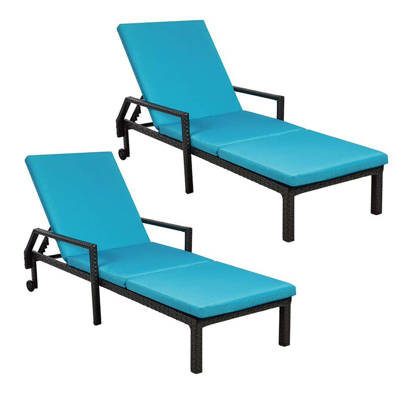 Adjustable Outdoor Chaise Lounge Chair Rattan Wicker Patio Lounge Chair Set of 2 with Cushion and Wheels,Black