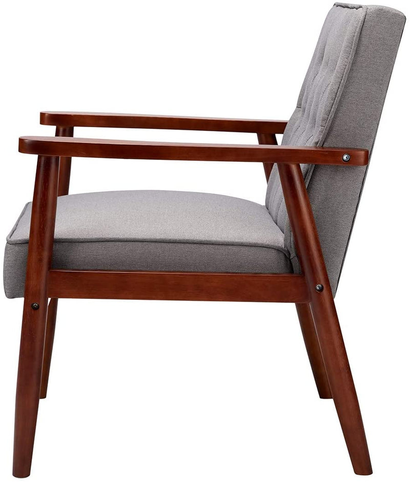 Mid-Century Retro Lounge Accent Chair Faux Leather Tufted Back Wooden Arm Chair Grey Fabric