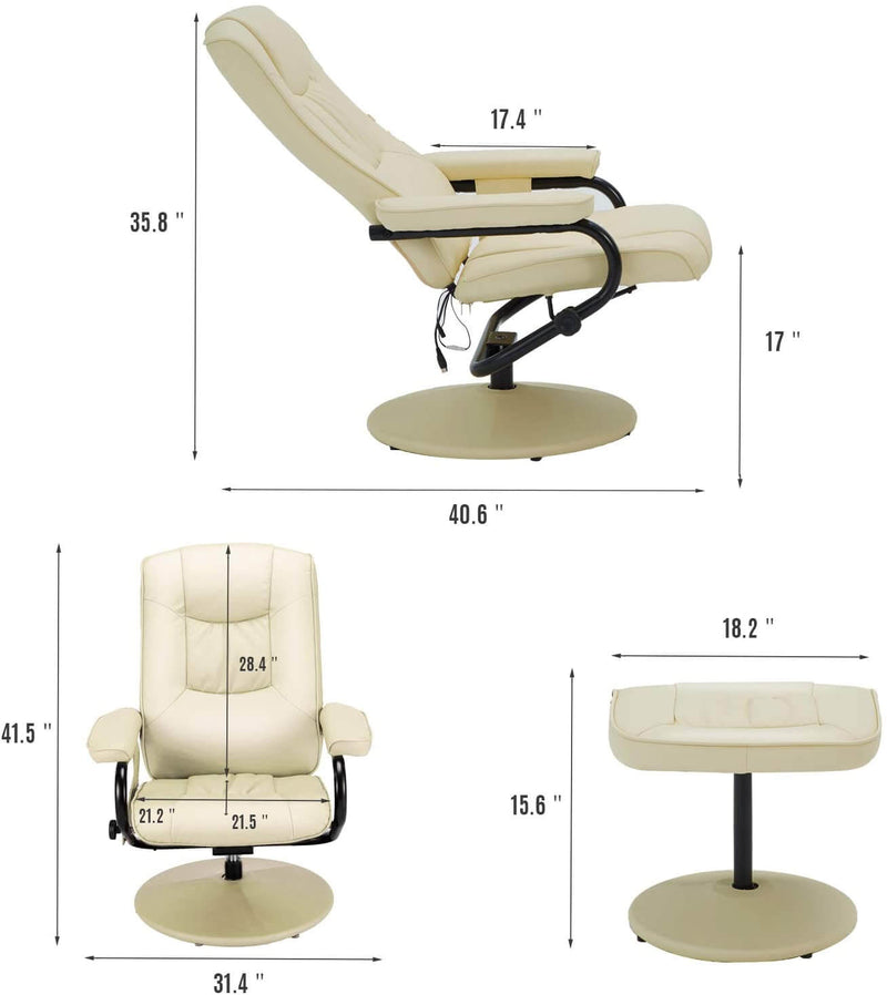 Recliner Chair and Ottoman, 360 Degrees Swivel Ergonomic Faux Leather Lounge Recliner with Footrest, Vibration Massage Lounge Chair with Side Pocket, Cream White