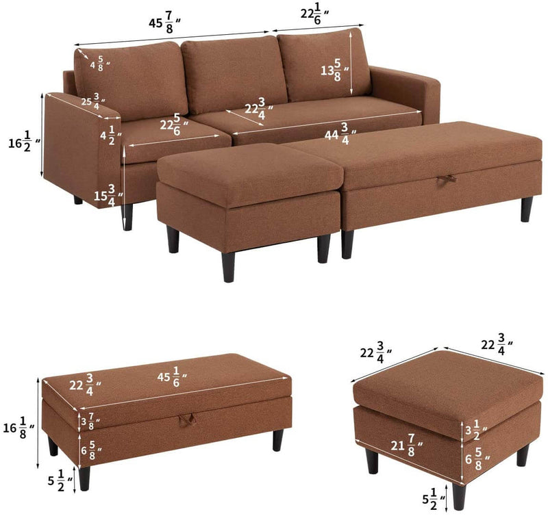 Sectional Sofa with Ottoman and Chaise Lounge, 3-Seat Living Room Furniture Sets, L-Shape Couch Sofa for Living Room, Brown