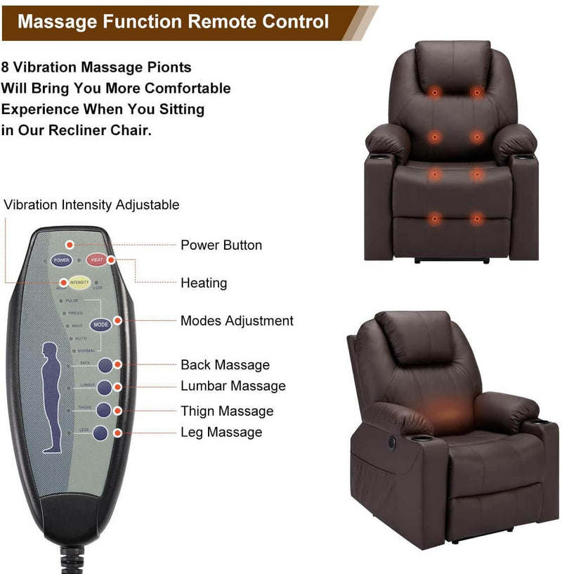 Electric Power Recliner Lift Chair Faux Leather Electric Recliner for Elderly, Heated Vibration Massage Sofa with Side Pockets, USB Charge Port & Remote Control, Dark Brown