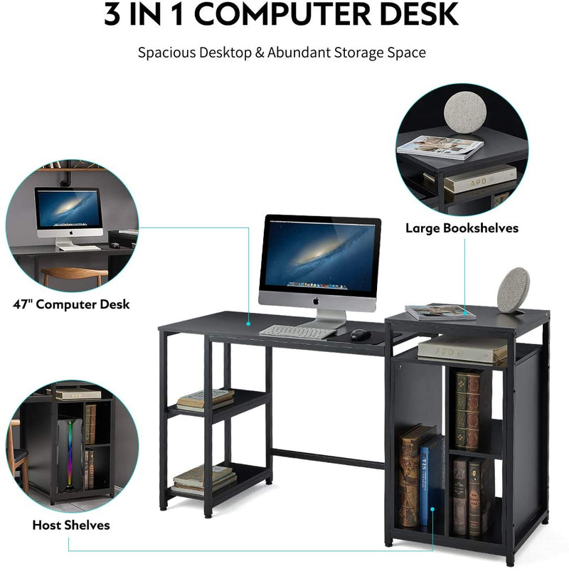 Computer Desk with Storage Bookshelves 47 inch Modern Sturdy Writing Desk for Home Office Black