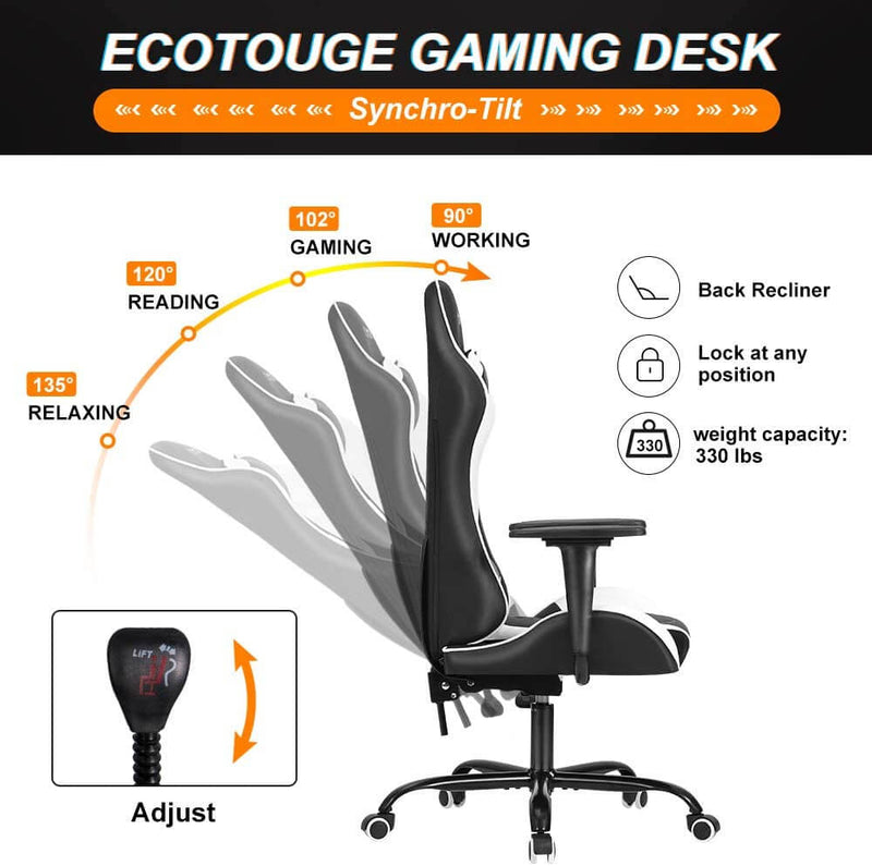 Gaming Chair Massage Ergonomic Office Chair High Back Computer Chair Racing PU Leather Recliner with Headrest & Lumbar Pillow, Black & White