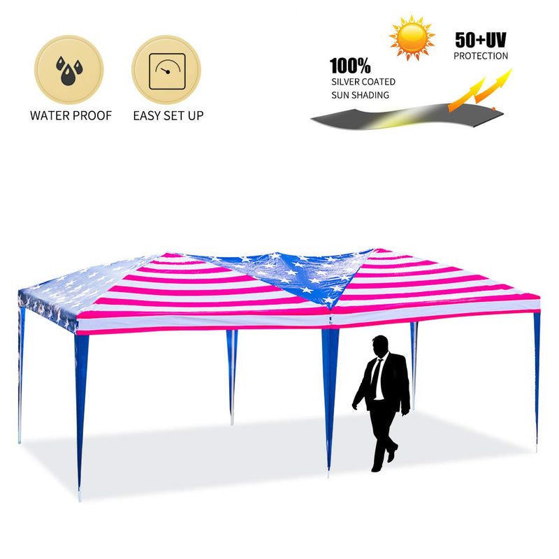 10×20ft Folding Pop Up Canopy Tent American Flag Print Portable Slant Leg Shelter with Carry Bag