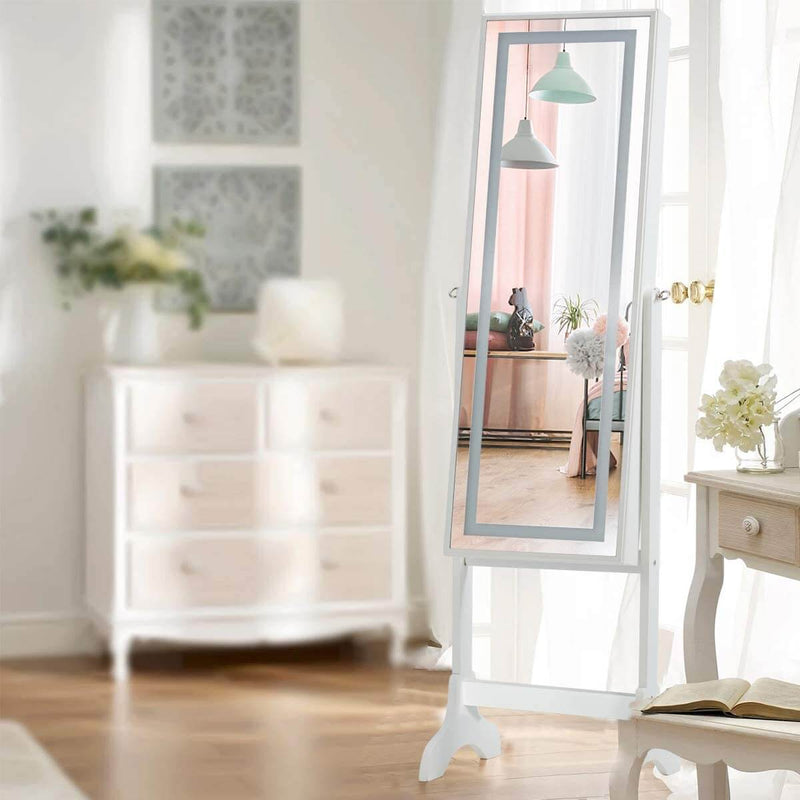 Floor Standing Jewelry Armoire, Angle Adjustable Jewelry Organizer, Dressing Mirror Jewelry Cabinet with Full Length Mirror, White