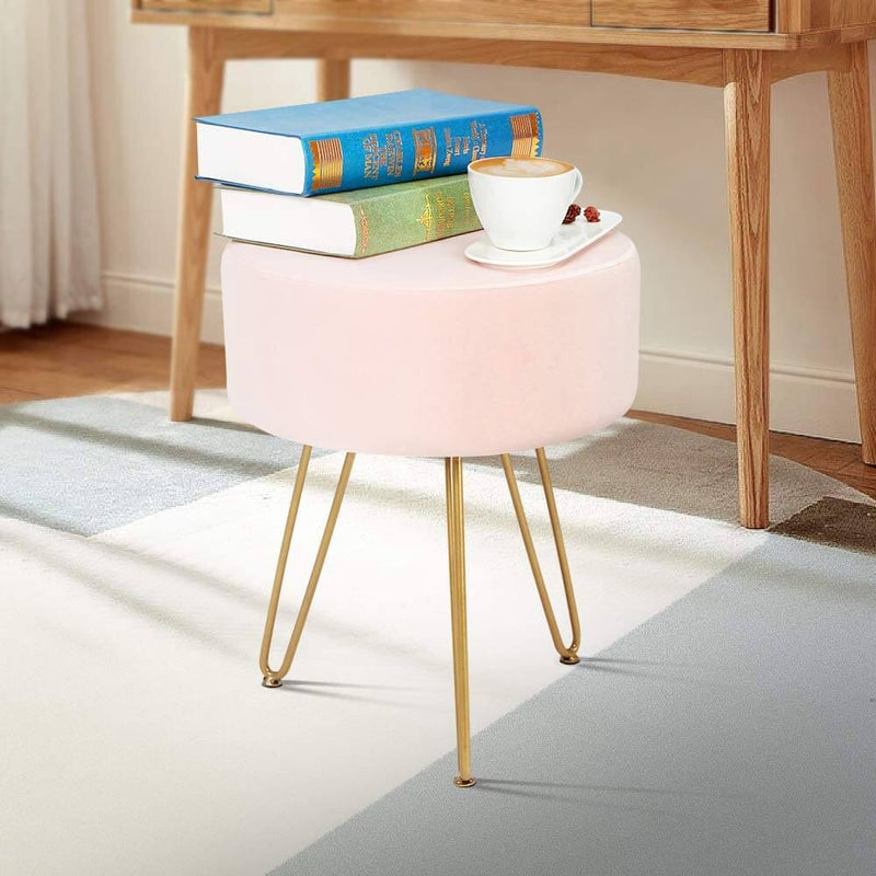 Velvet Footrest Ottoman Round Modern Upholstered Vanity Footstool Side Table Seat Dressing Chair with Golden Metal Leg, Pink