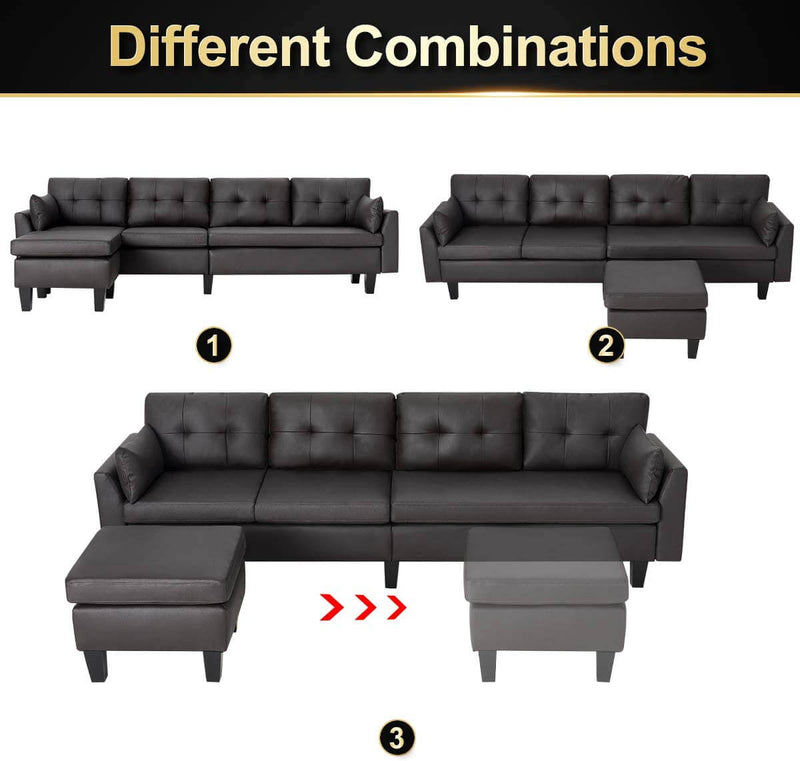 4-Seat Sectional Sofa Convertible Couch Black Reversible L-Shape Couch for Living Room, Living Room Furniture Sets with Chaise Lounge for (Black Coffee)