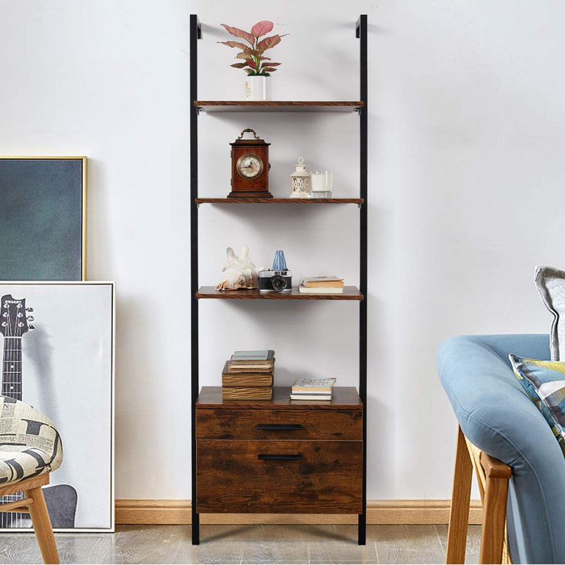 Wall Mouted Industrial 3-Tier Bookshelf with 2 Wood Drawers, Black