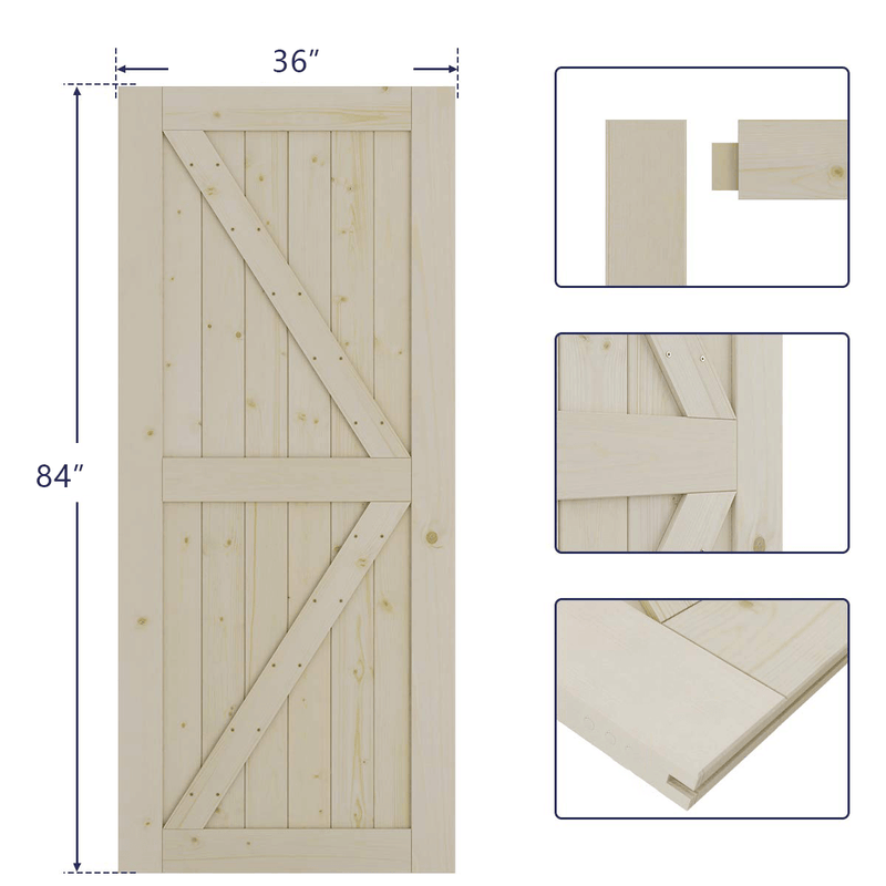 6.6 Ft Classic Sturdy Sliding Barn Door Hardware Kit With Spruce Door (Whole Set, J Shape)