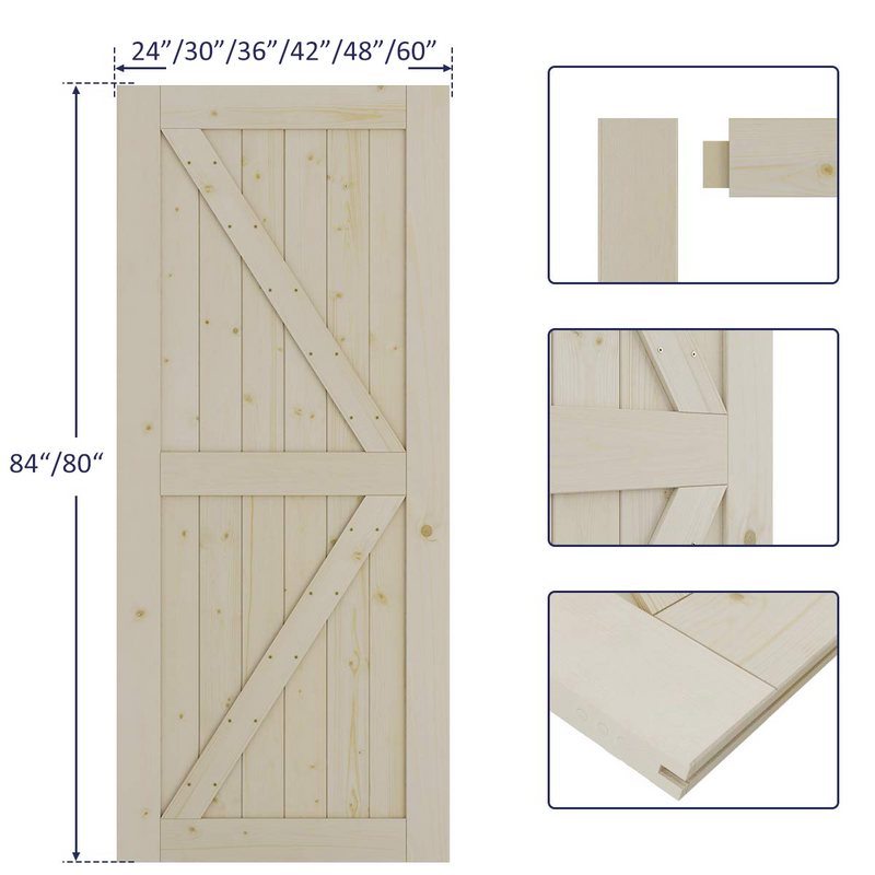 Sliding Barn Wood Door Slab Pre-Drilled Unfinished Natural Color Spruce Wood