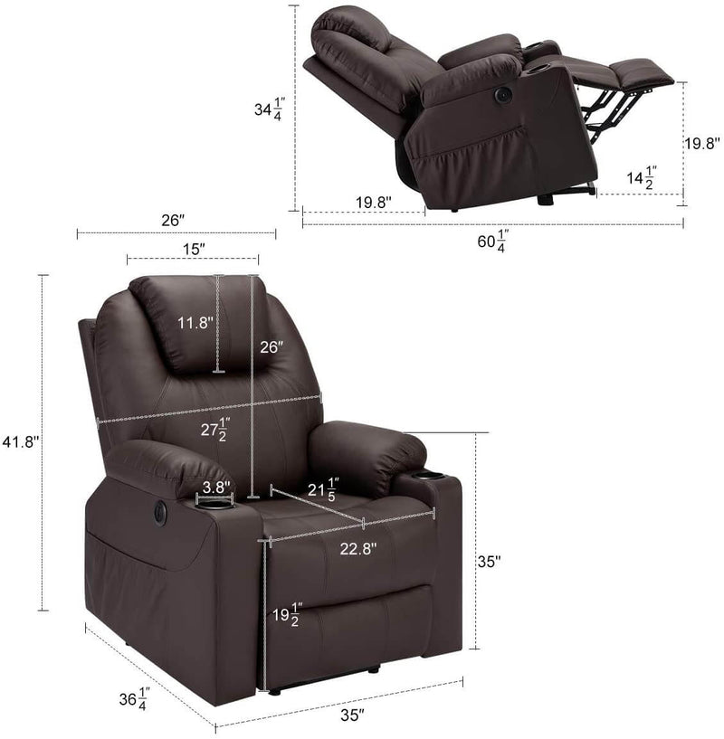Electric Power Recliner Lift Chair Faux Leather Electric Recliner for Elderly, Heated Vibration Massage Sofa with Side Pockets, USB Charge Port & Remote Control, Dark Brown
