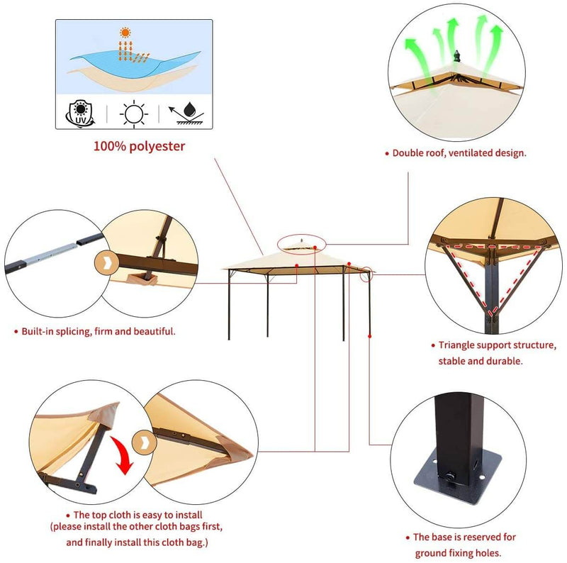 10 x 12 FT Double-Roof Softtop Gazebo Canopy, Outdoor Steel Frame Gazebo Tent for Patio or Deck, Beige