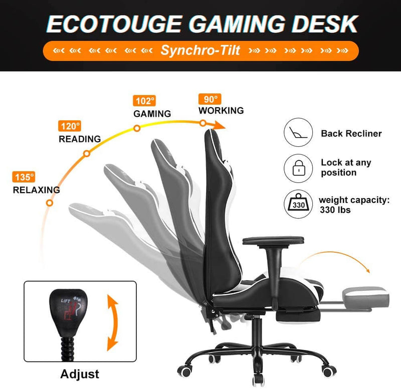 Gaming Chair Massage Ergonomic Office Chair High Back Computer Chair Racing PU Leather Recliner with Footrest, Black & White