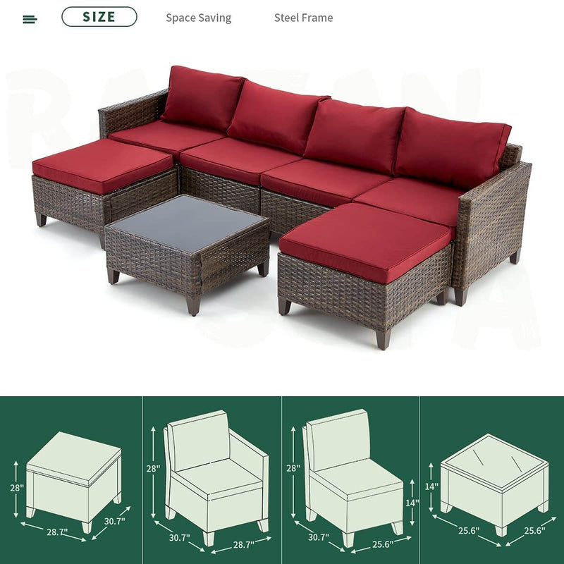 7 Pcs Outdoor Rattan Sectional Sofa Patio Furniture Set w/ Ottomans, Red Cushion & Tea Table