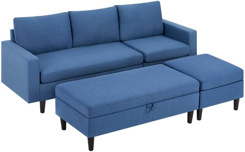 Sectional Sofa with Ottoman and Chaise Lounge, 3-Seat Living Room Furniture Sets, L-Shape Couch Sofa for Living Room, Blue