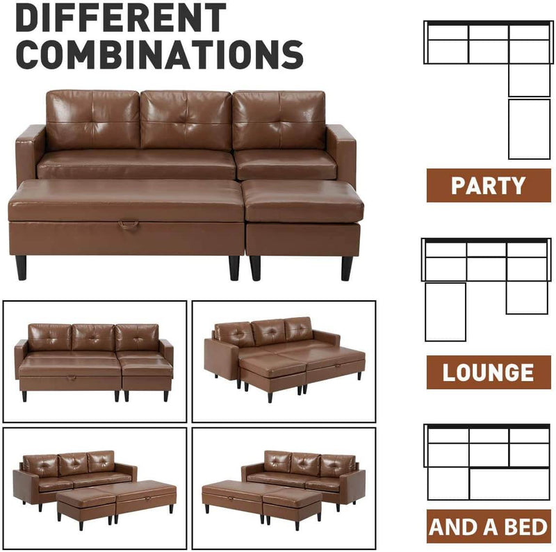 Small Faux Leather Sectional Sofa with Storage Ottoman and Chaise Lounge, 3-Seat Living Room Furniture Sets for Small Apartment, Brown