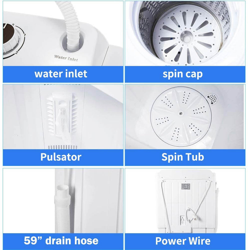 HOMHUM Portable Mini Compact Twin Tub Washing Machine w/Wash and Spin Cycle, 17lbs 2IN1 Washer Spin Dryer, White/Black