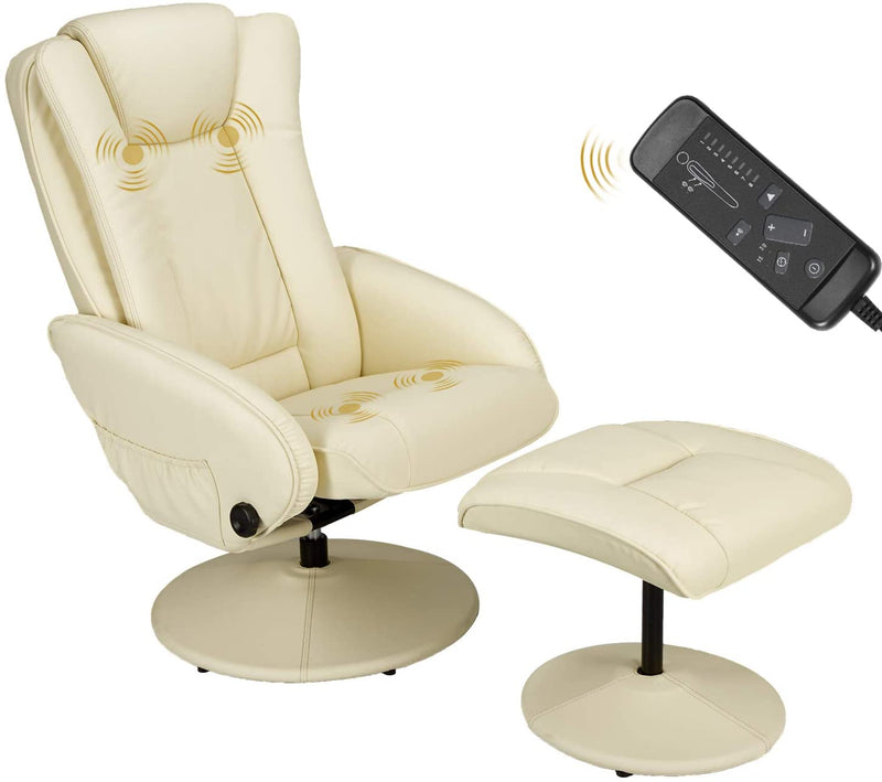 Recliner Chair and Ottoman, 360 Degrees Swivel Ergonomic Faux Leather Lounge Recliner with Footrest, Vibration Massage Lounge Chair with Side Pocket, Cream White