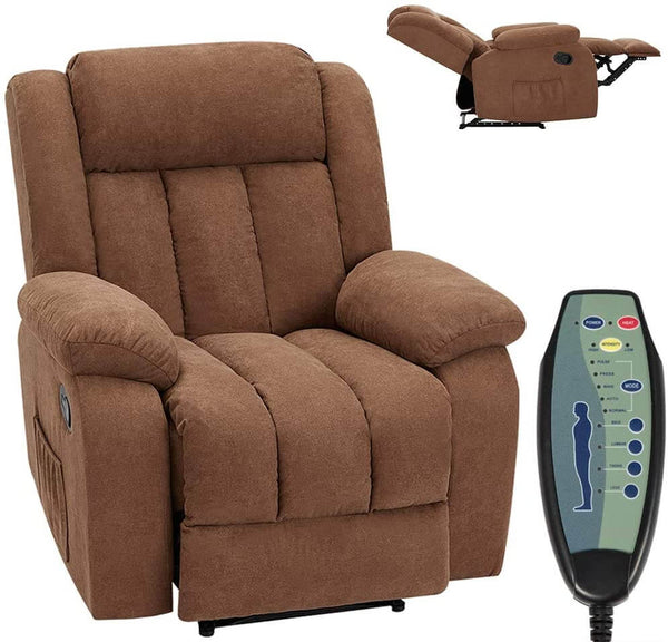 Massage Recliner Chair Fabric Heated Ergonomic Lounge Chair Overstuffed Reclining Chair Single Sofa for Living Room, Remote Control, Chocolate