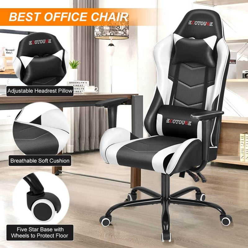 Gaming Chair Massage Ergonomic Office Chair High Back Computer Chair Racing PU Leather Recliner with Headrest & Lumbar Pillow, Black & White