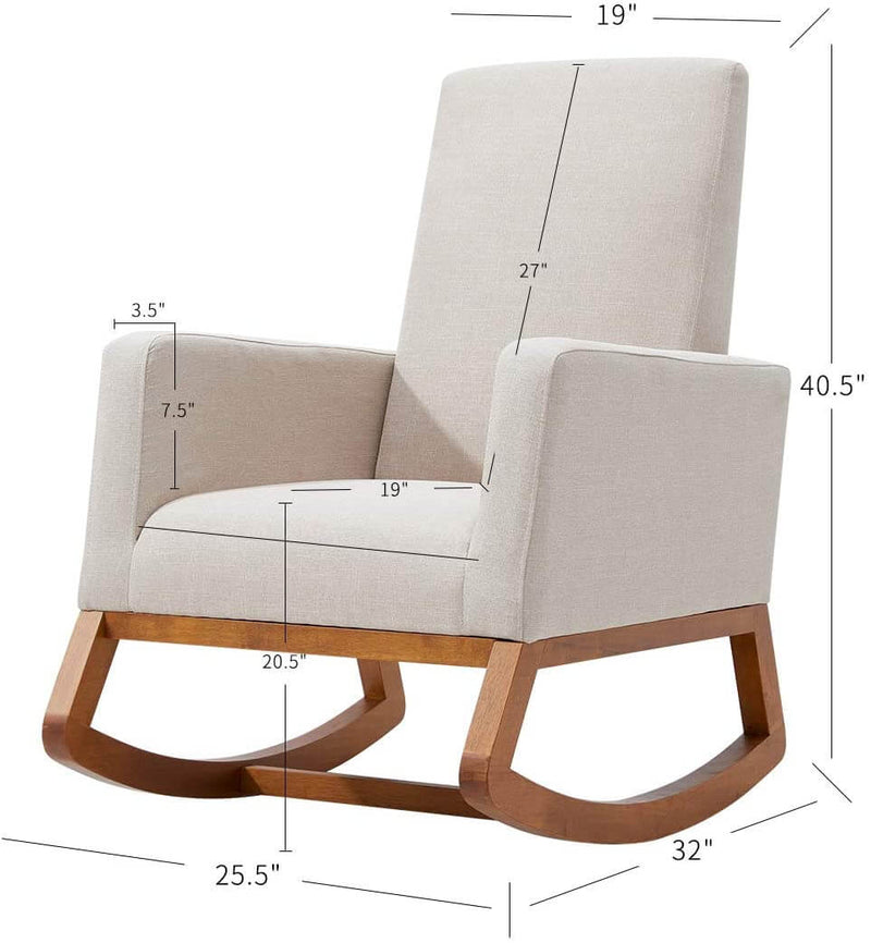 Rocking Chair, Mid Century Accent Chair, Glider Rocker with Ottoman,Seat Wood Base, High Back Linen Armchair, Beige