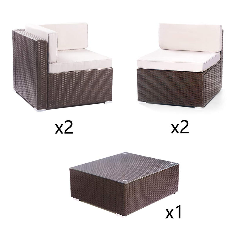 5 Pieces Brown Patio PE Rattan Wicker Sofa Set Outdoor Sectional Furniture Chair Set with Cushions and Tea Table Brown
