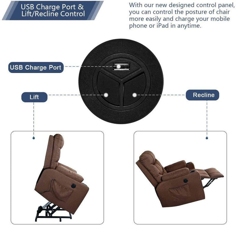 Power Lift Chair Electric Recliner for Elderly Heated Vibration Fabric Sofa Motorized Living Room Chair with Side Pocket and Cup Holders, Brown