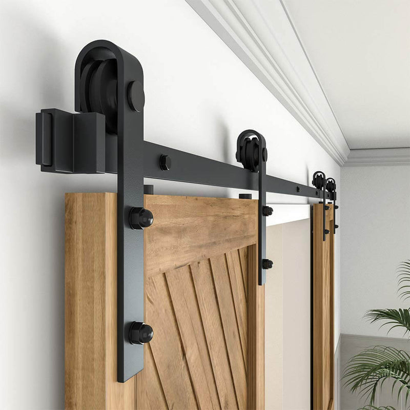 8FT Double Barn Door Hardware J Shape Carbon Steel Bi-parting System 96inch