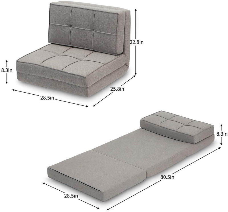 Triple Fold Down Sofa Bed, Adjustable Floor Couch Sofa 5 Adjustable Positions 6 Reclining Angles Sleeper Sofa Guest Chaise Loungefor Living Room and Bedroom Grey