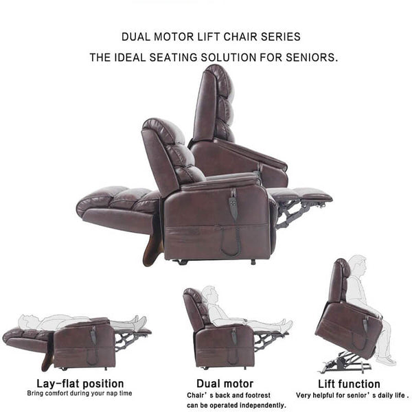 Dual Motor Electric Power Recliner Lift Chair, Linen Fabric Electric Recliner for Elderly, Heated Vibration Massage Sofa with Side Pockets & Remote Control, Red Brown