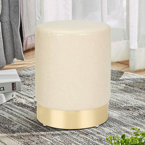 PU Leather Ottoman Round Foot Stool Footrest, Soft Compact Padded Stool, Living Room Bedroom Decorative Furniture, Cream